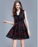 Rose printed organza cocktail dress