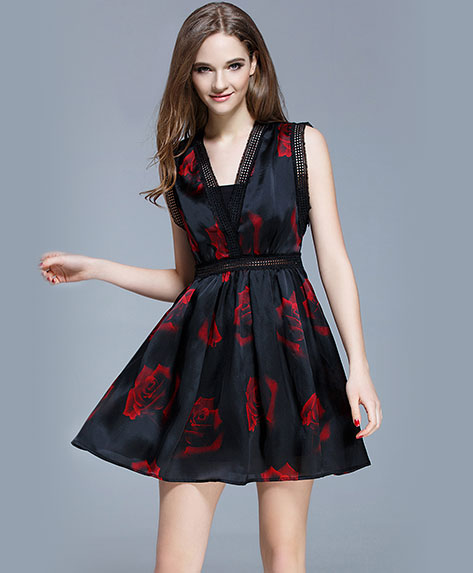 Clothing - Rose printed organza cocktail dress