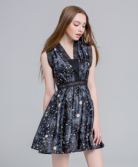 Dress - Moon & star printed silk satin dress