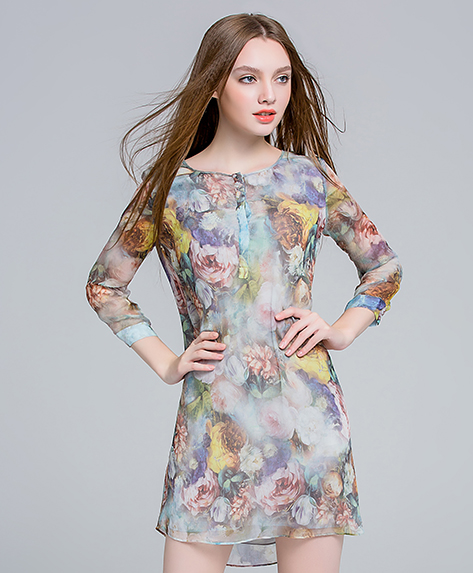 Dress - Floral printed Silk crepe crinkle dress