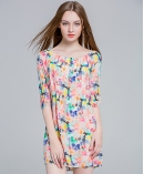 Water painting printed silk crep de chine dress