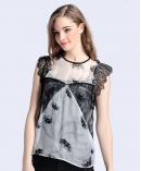 Printed lace silk chiffon top