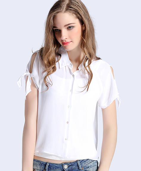 Tops - White sleeve silk crepe de chine short shirt