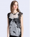 Printed lace silk chiffon top