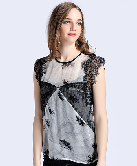 Tops - Printed lace silk chiffon top