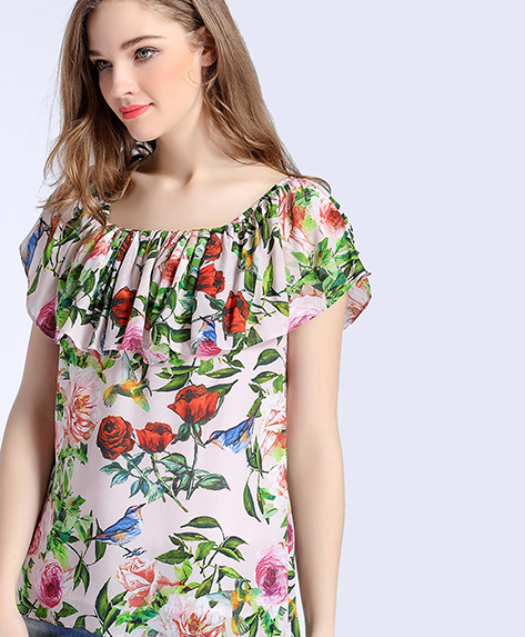 Tops - Rose printed silk crepe de chine top