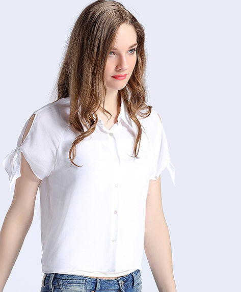 Tops - White sleeve silk crepe de chine short shirt