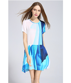 Dress - Ocean color printed loose fit silk dress