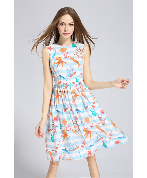 Dress - Stripe ocean printed Silk crepe de chine dress