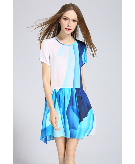 Dress - Ocean color printed loose fit silk dress