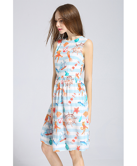 Dress - Stripe ocean printed Silk crepe de chine dress